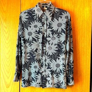 Vintage 1970s Jon Norman Designs nylon button down geo daisy print shirt VGUC